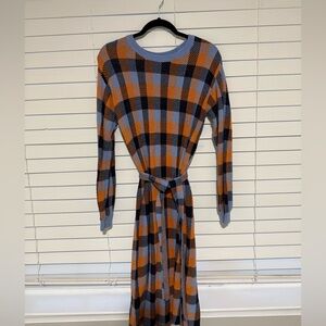 Ann Taylor Plaid Long-Sleeve Belted Dress in Blue and Brown